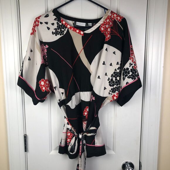 New York Company Kimono Sleeve Blouse Top Size S Black Floral Satin Belted - Picture 1 of 8